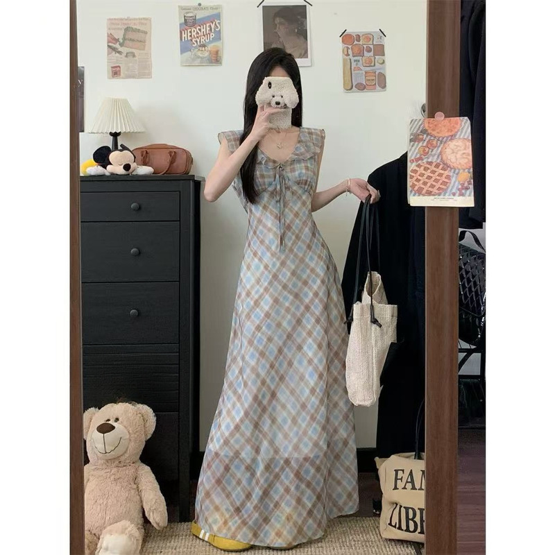 ニッチレトロコントラストチェック柄シフォンドレス婦人服 2025 夏フレンチスタイル小さなフライングスリーブ A ラインロングスカート|undefined