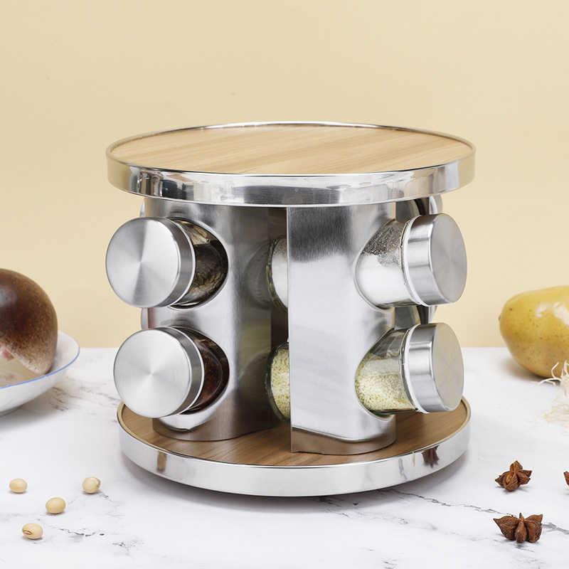 Venta al por mayor de acero inoxidable comercial condimento tarro cocina giratoria condimento botella estante 20 paquete comino pimienta condimento botella