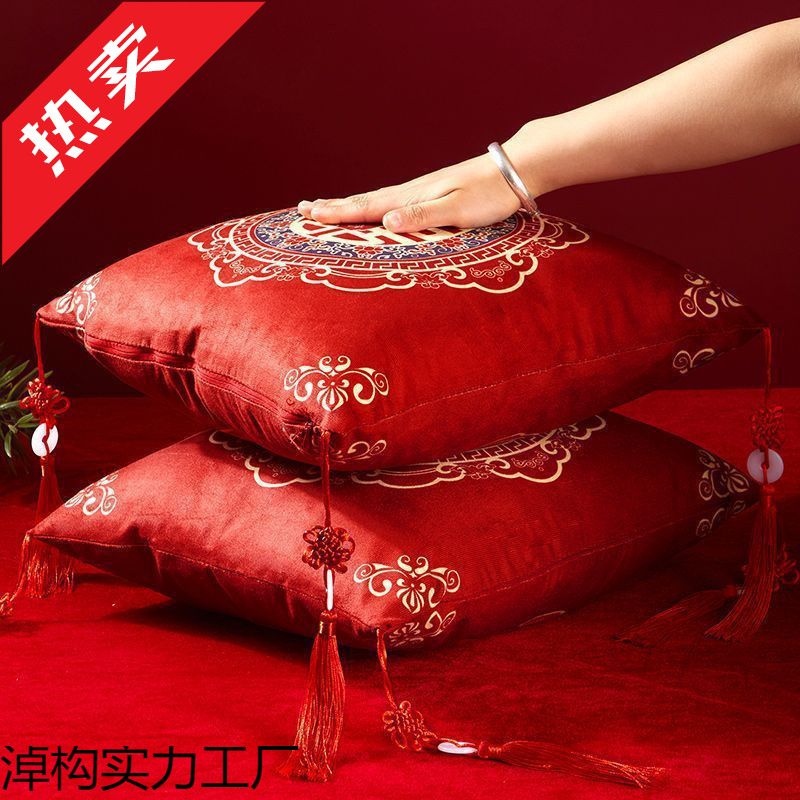 웨딩 웨딩 침대 레드 더블 행복 베개 웨딩 용품 웨딩 룸 레이아웃 한 쌍의 행복 한 단어 웨딩 베개