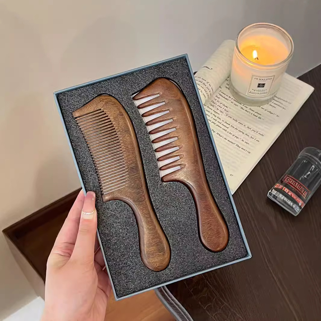 Set de regalo de madera Imylan Rhythm Double Flower con peine de dientes finos para masaje y desbloqueo de meridianos._voghion.com