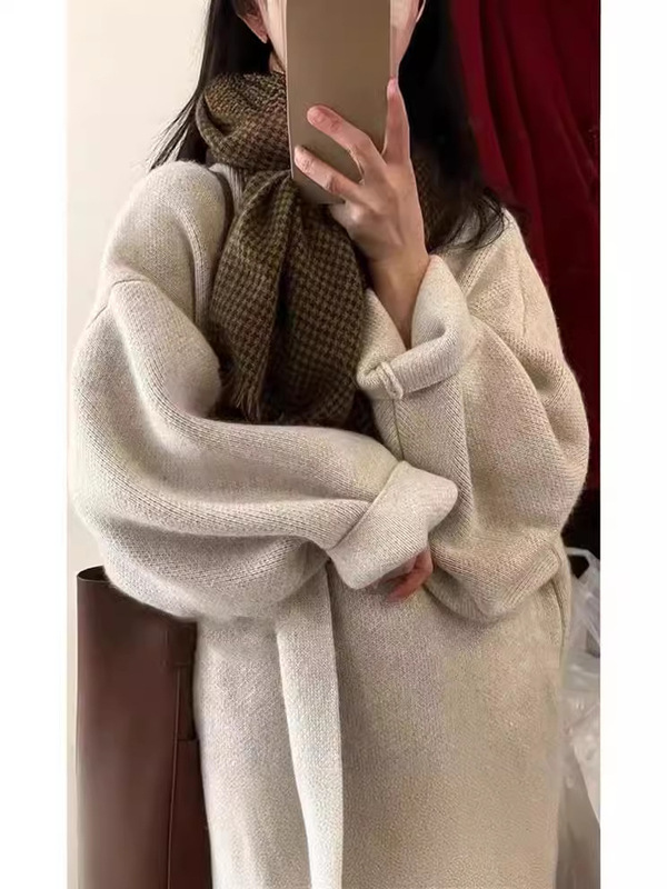 韓国スタイルのレイジースタイルの女性用ミドル丈セータージャケット、秋冬の高級ニットカーディガン、スリムで厚みのあるアウターコート|undefined