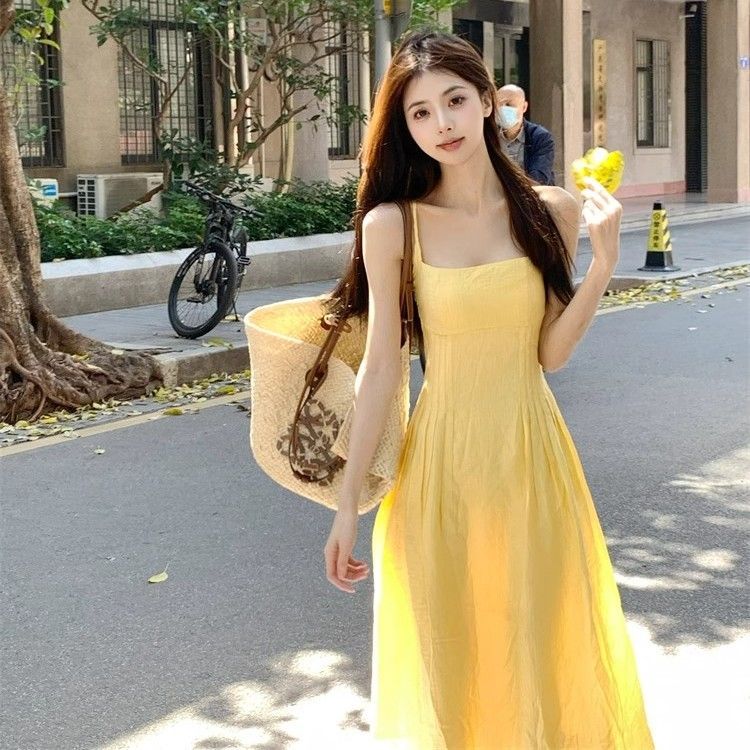 Gentle Style Yellow Spaghetti Strap Dress for Women, 2026 Summer New French-Style Fresh and Sweet Long Dress