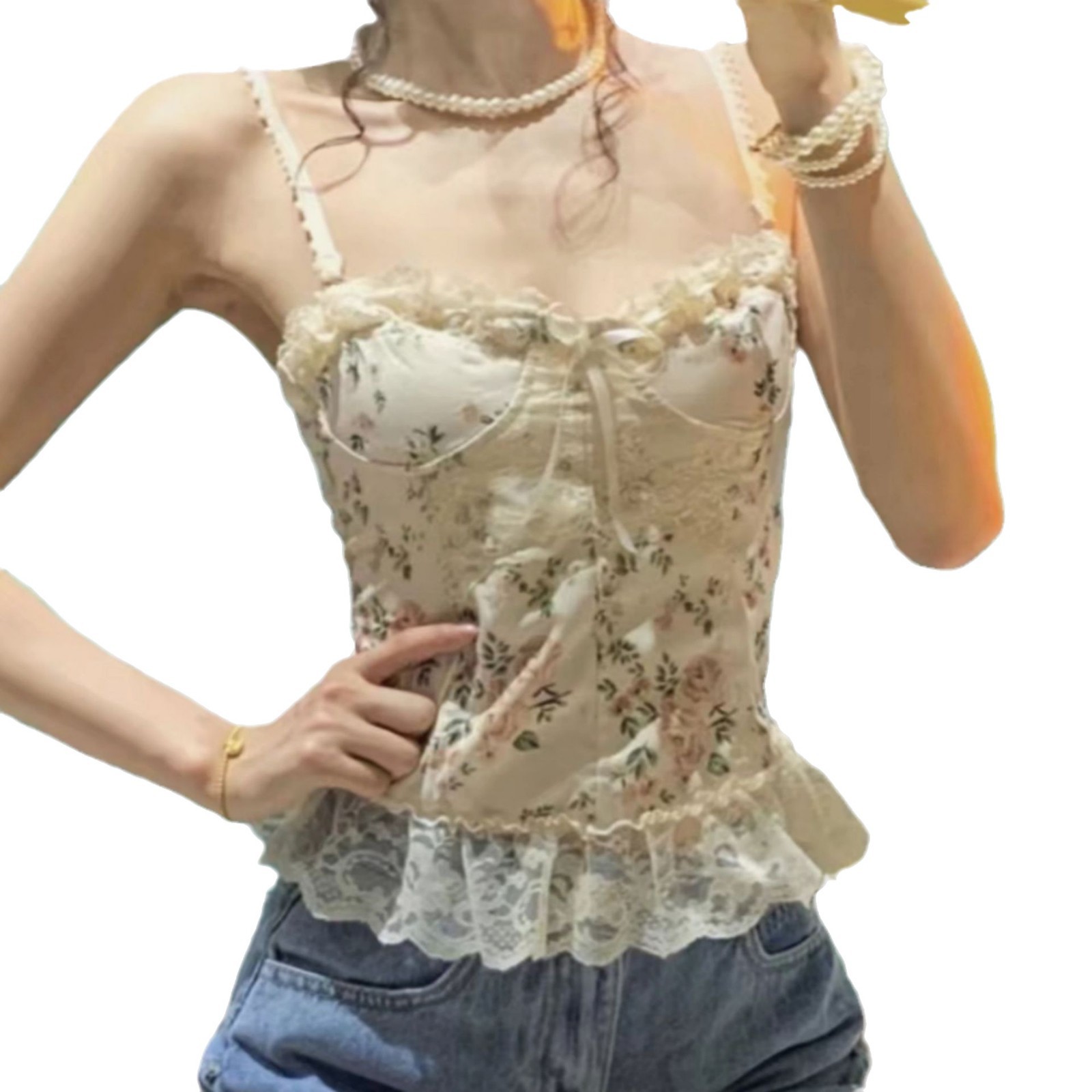Verano fresco francés dulce y picante viento puro deseo de encaje pequeño chaleco de cabina de flores trituradas con una chaqueta se puede usar fuera