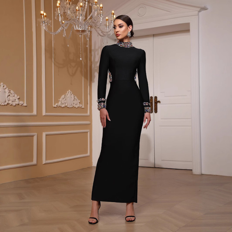 Black Long-sleeved Slim-fit Evening Dress Cross-border Hot Heavy Industry High Split Party Night Shop Slim-fit Bandage dress Black Long-sleeved Slim-fit Evening Dress Cross-border Hot Heavy Industry High Split Party Night Shop Slim-fit Bandage dress