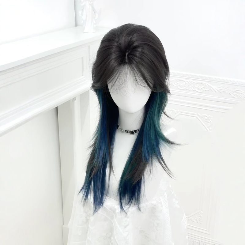 [Green Quail Feather] Wig for Girls, Full Headgear, Blue and Green Highlights, Middle Parted Wolf Tail Mackerel Head, Boyish Layered Hair
