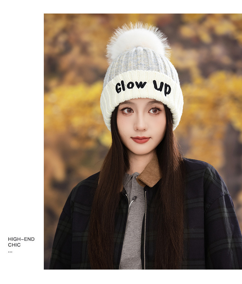 Gorro de lana de punto con bordado de letras inglesas, versátil, bonito y cálido, ideal para otoño e invierno. Con pompón. Estilo coreano._voghion.com