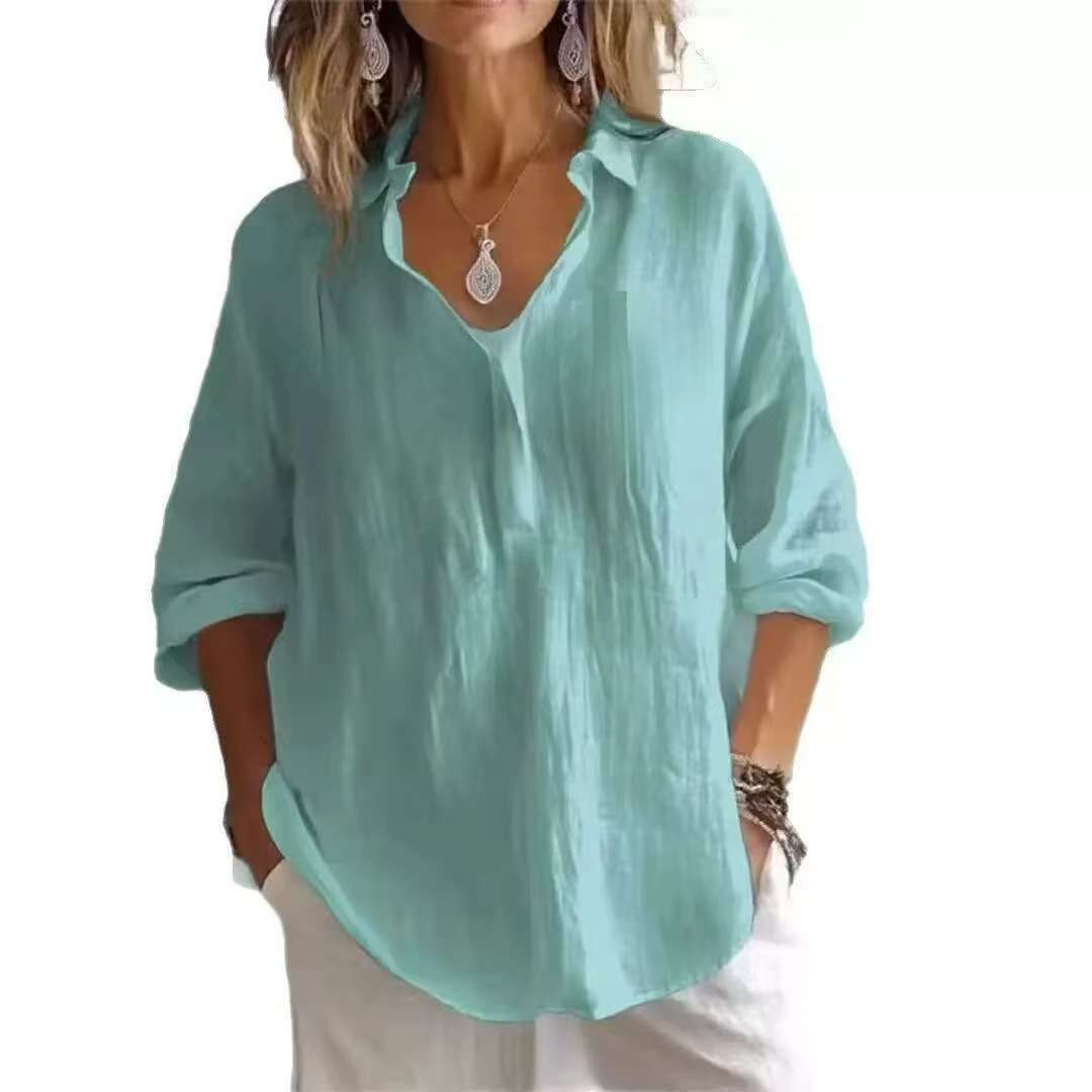 Blusa traspirante in cotone e lino con scollo a V - Top tunica a maniche lunghe dalla vestibilità comoda per donna, colori tenui e tinta unita_voghion.com
