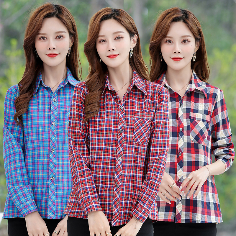 Middle-aged and Elderly Plaid Shirt Women's Mother Clothes Summer Spring and Autumn Long-sleeved Shirt Middle-aged Loose High-end Base Shirt Top for Women