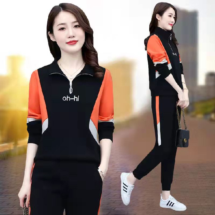 Sports Suit for Women in Autumn and Winter 2024 New Fashion Loose Splicing Slim Sweatshirt Casual Wear Stand Collar Two-Piece Set