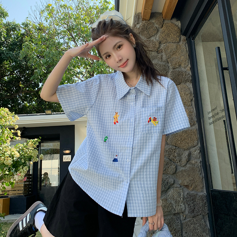 Commuting Cardigan Embroidered Plaid Shirt Women's Long-Sleeved Shirt Japanese Style Loose Casual French Versatile Slimming Top Thin