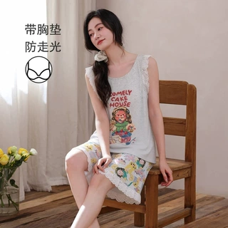ins风油画女孩卡通印花睡衣女带胸垫背心短裤甜美花边家居服套装