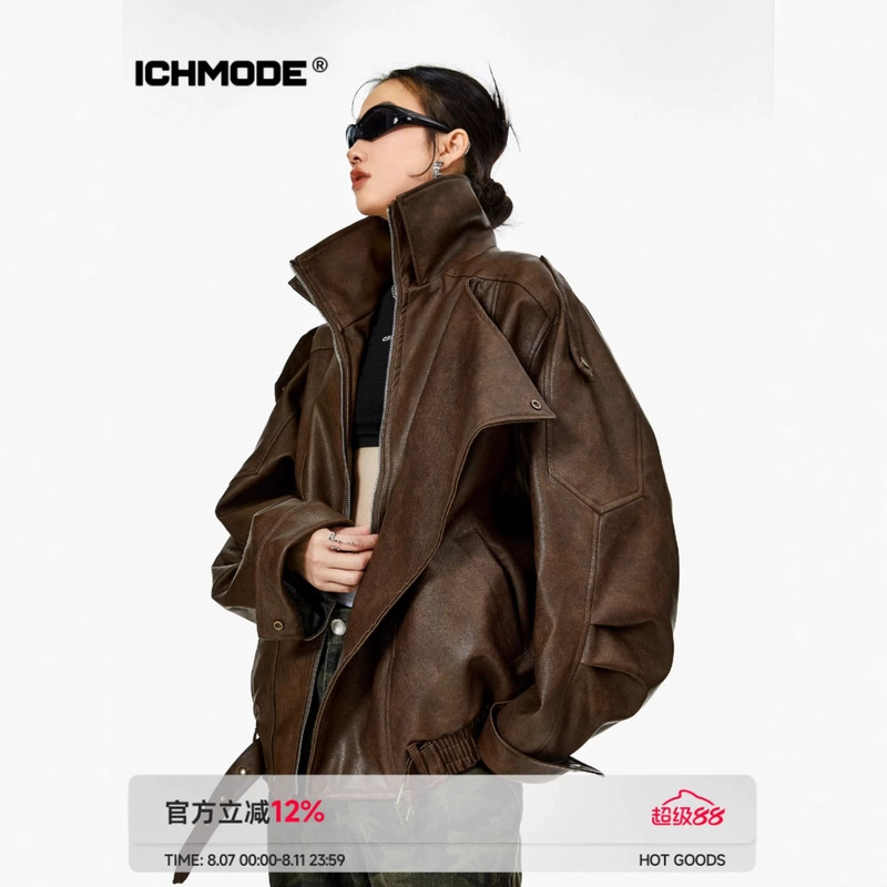 Ich Mode American Retro Brown Leather Jacket Women's Spring & Fall 2025 New Motorcycle Leather Jacket Top Ich Mode American Retro Brown Leather Jacket Women's Spring & Fall 2025 New Motorcycle Leather Jacket Top