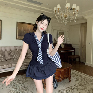 Plus Size Sexy Suit Polo Collar Pinch Waist Slimming Look Top Women's Summer High Waist Skirt A-Line Short Skirt Two-Piece Set