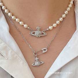 珍珠施家轻奢感592土星复古小众锁骨链西太后纯银项链女别针