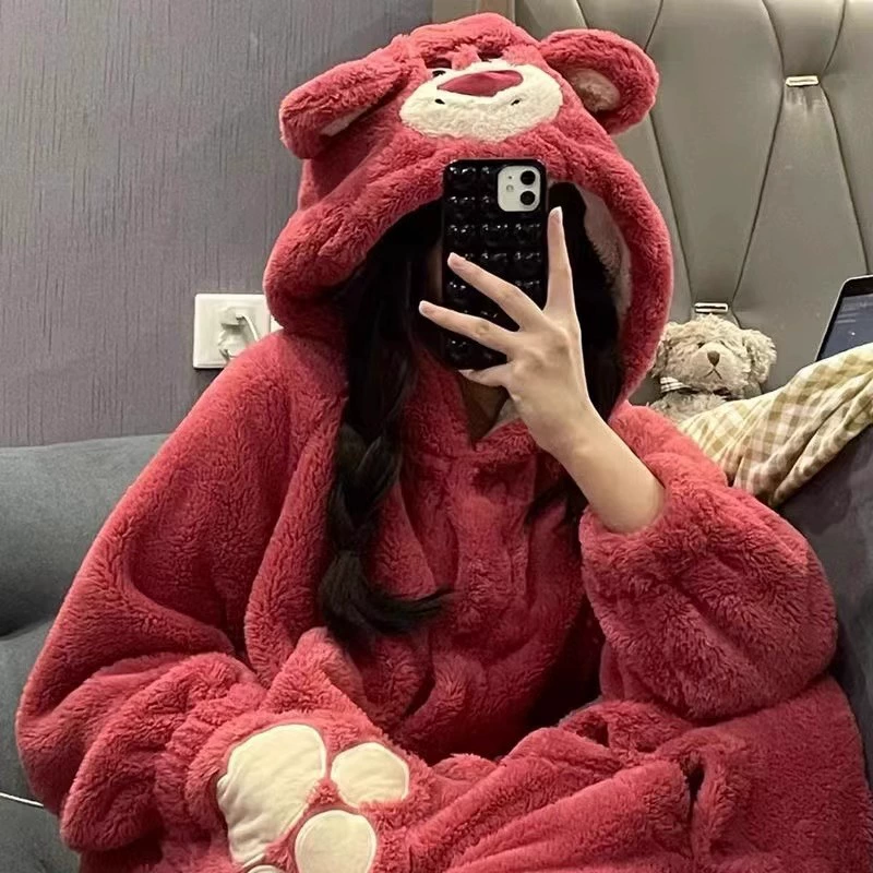 Коралловый клубничный бархатный демисезонный пижамный комплект, милый тёплый плюшевый халат