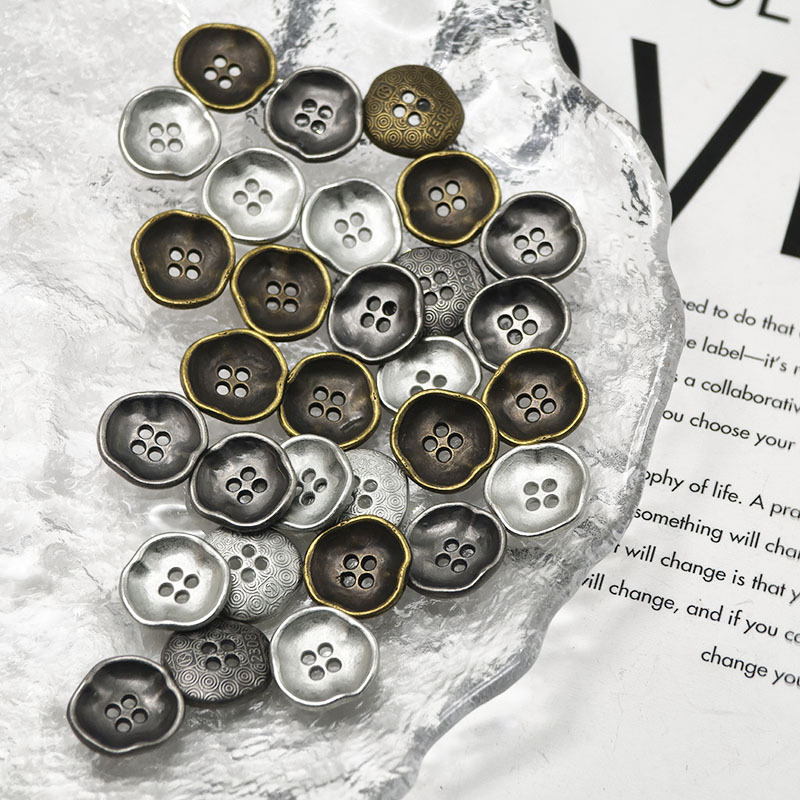 Vintage Distressed Four-Hole Metal Buttons for Men's Shirts, Cardigans, and Sweaters; Classic Irregular Bowl-Shaped Four-Hole Buttons