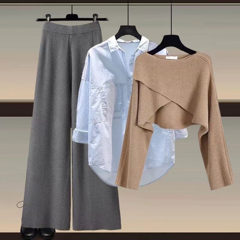 GraceChic Strickpullover, Hemd und weite Hose, dreiteiliges Set, Herbst/Winter-Outfit 2024, Damenmode in großen Größen_voghion.com