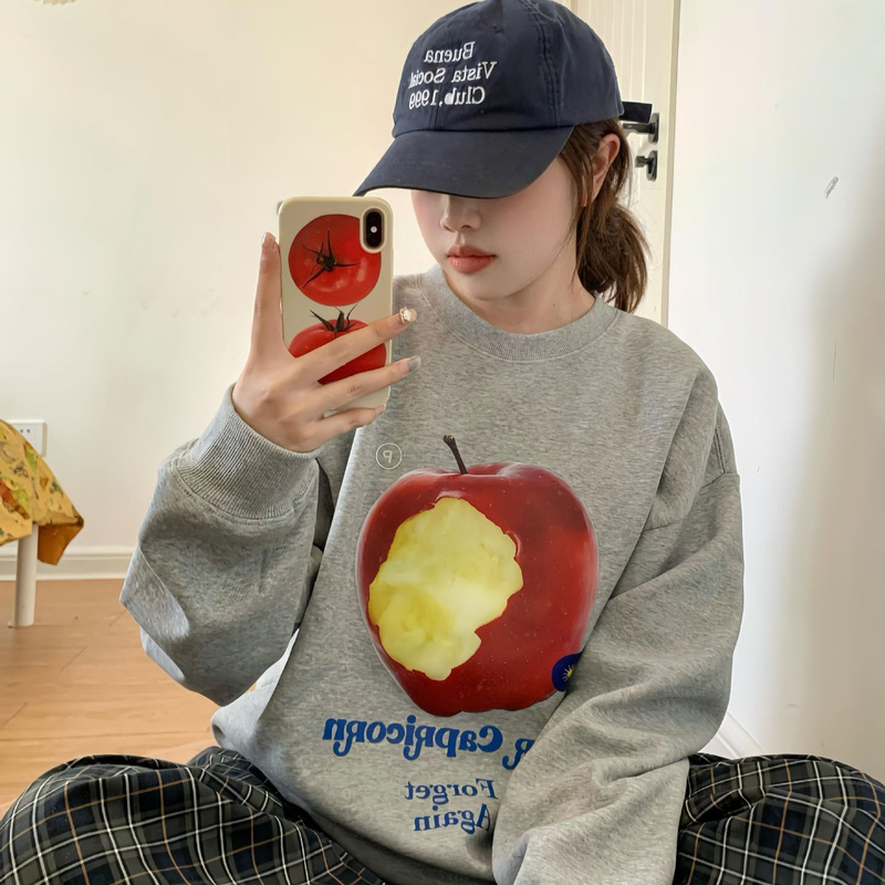 Fun Funny Apple Print Round Neck Sweat Women's Autumn and Winter New Korean Style Lazy Style Loose Casual Long Sleeve Top