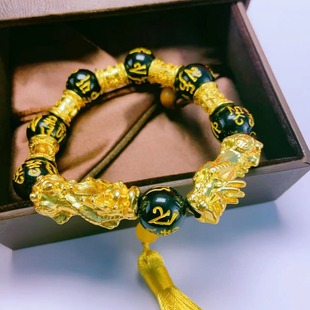 Wholesale lucky obsidian gold-plated bracelet gold-plated men's Buddha beads six words mantra bracelet sand gold bracelet