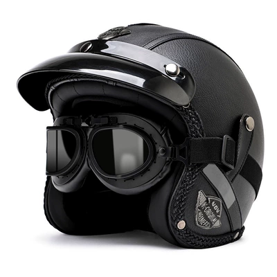 Motosiklet dəbilqələri – 3C Certified Retro Cruise Motorcycle - m-classic-black-leather-glasses-free-hat-brim-face-towel