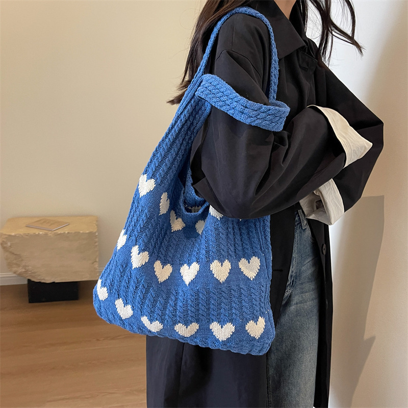 Bolso Tote de amor de punto Mori transfronterizo de alta calidad, lana exquisita, bolso de compras femenino de un solo hombro fresco y simple de moda image 5