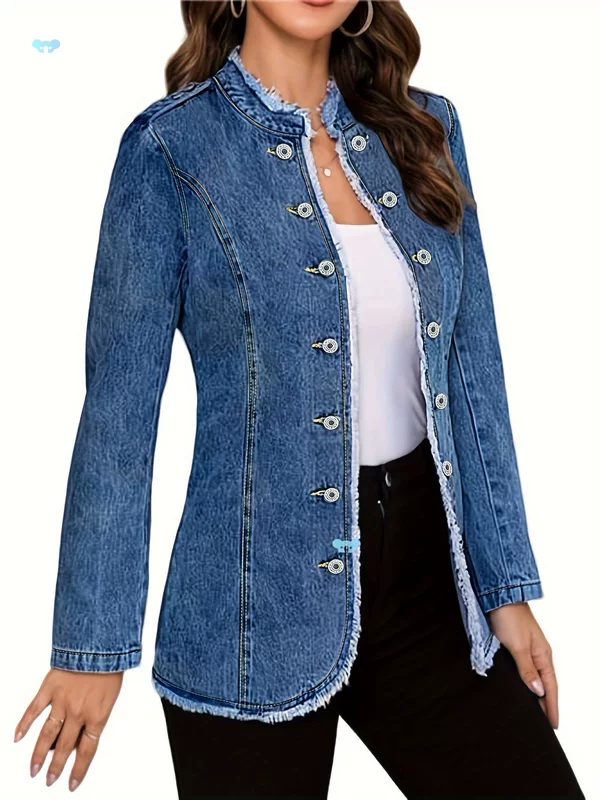 Women's Slim Fit Denim Jacket Single Breasted Stand Jacket