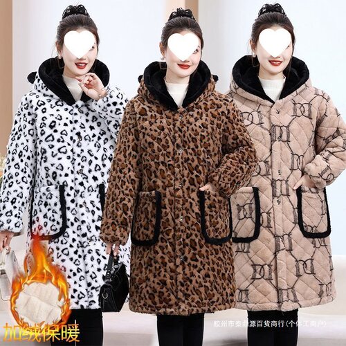 03 Women's Middle-Aged Winter Cotton Coat Overcoat Mother's Warm Cotton Padded Jacket with Fleece and Thick Hooded Cotton Quilted Workwear