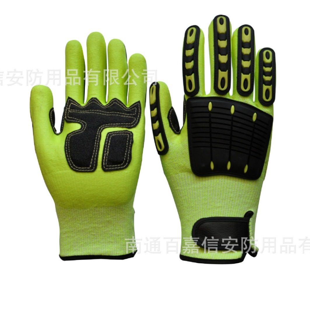 13针涤纶尼龙掌浸丁腈假发泡TPR防割防撞击防护手套出口