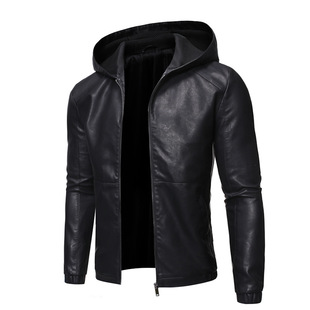 Cross-border American Motorcycle Leather Men's Trendy Handsome British Style New Korean Style Hooded Casual Soft Leather PU Leather Jacket