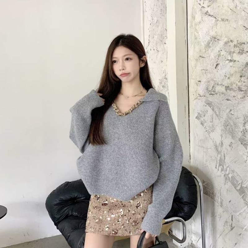 欧美跨境外贸法式气质编织翻领套头毛衣女秋冬宽松软糯厚针织上衣|undefined