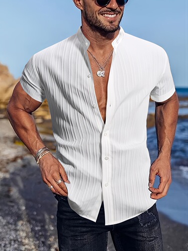 Men's Summer Striped Casual Short Sleeve Stand Collar Cross-border