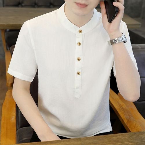 Summer lightweight solid-color stand-collar men's linen shirt | Men's short-sleeve casual loose-fit cotton-linen shirt | Linen fabric top