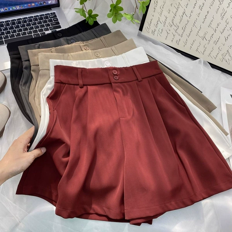 Женские шорты из ледяного шелка с высокой талией и двумя пуговицами, летние свободные повседневные универсальные прямые широкие брюки трапециевидной формы большого размера