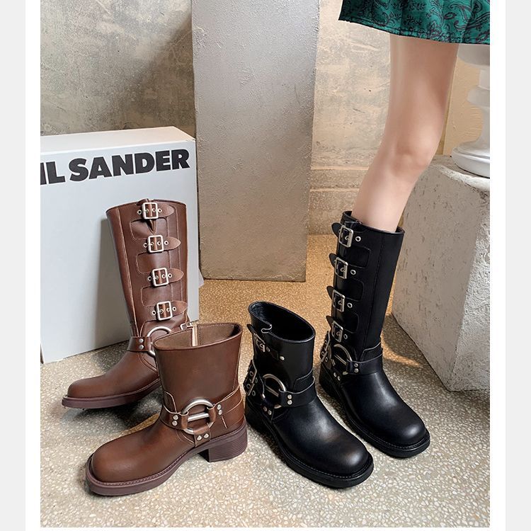 Grape mom studiolee round toe short boots microfiber thick heel thick bottom western mid-calf Knight Martin boots for women trendy women