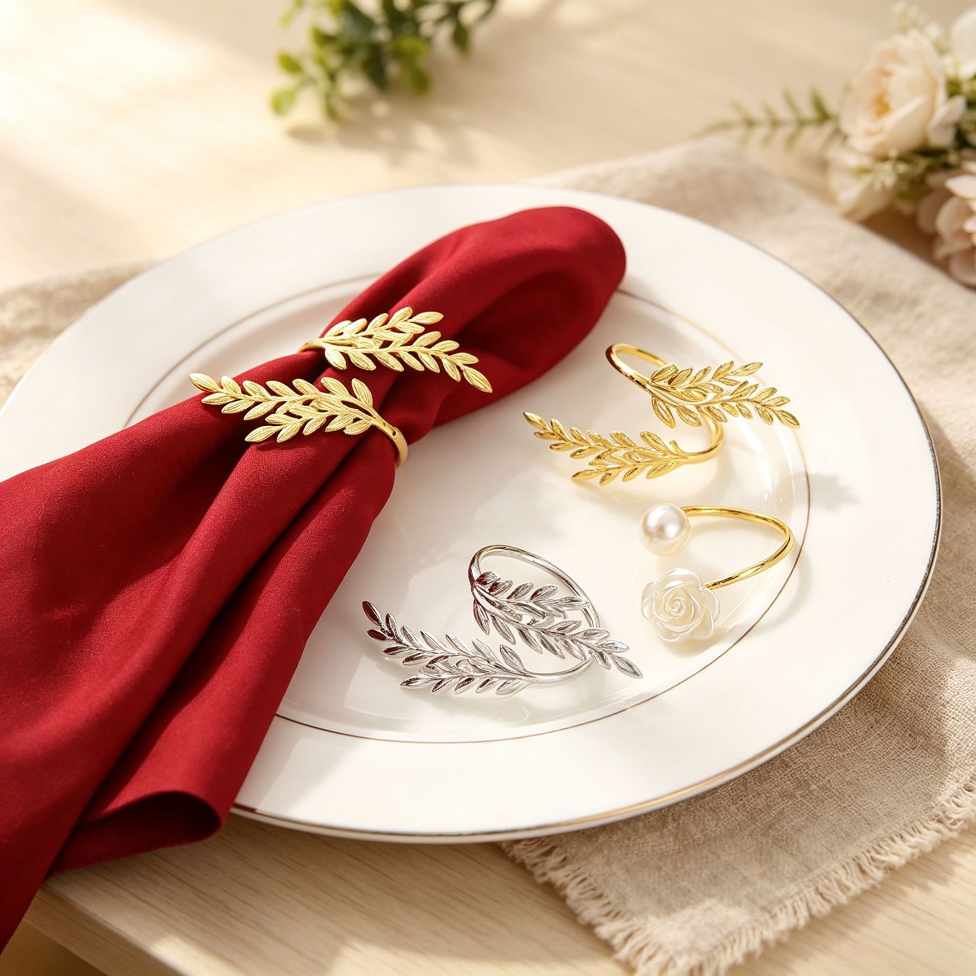 Metal wheat ear napkin ring, leaf-shaped napkin ring, high-end hotel restaurant table setting napkin ring, creative new design