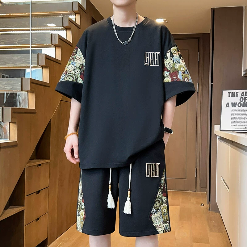 Летний тонкий спортивный костюм, шорты и футболка, с вышивкой, с маленькими медвежатами