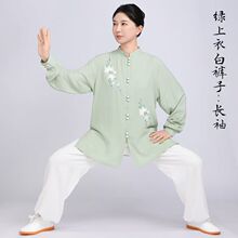 批发团购太极服春夏女款天然棉麻太极拳练功服女夏季服装八段锦白