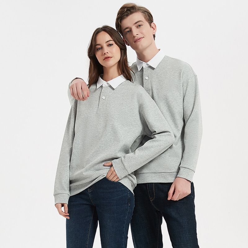 Carefully Selected High-End 300g Thick Cotton Polo Shirts and Sweatshirts for Men and Women, Solid Color, Loose Casual Cotton Outerwear Long-Sleeve Polo Shirts