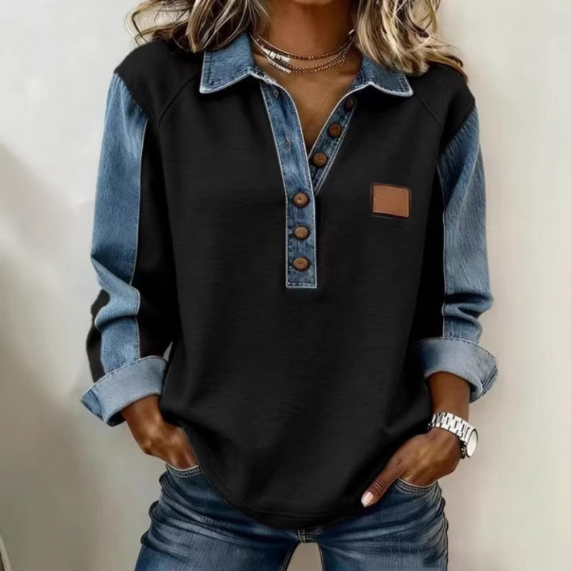 2026 New Cross-Border European and American Style Women's Loose Long-Sleeve Pullover with Turn-Down Collar, Digital Print, Color Block Sweatshirt, Long Coat
