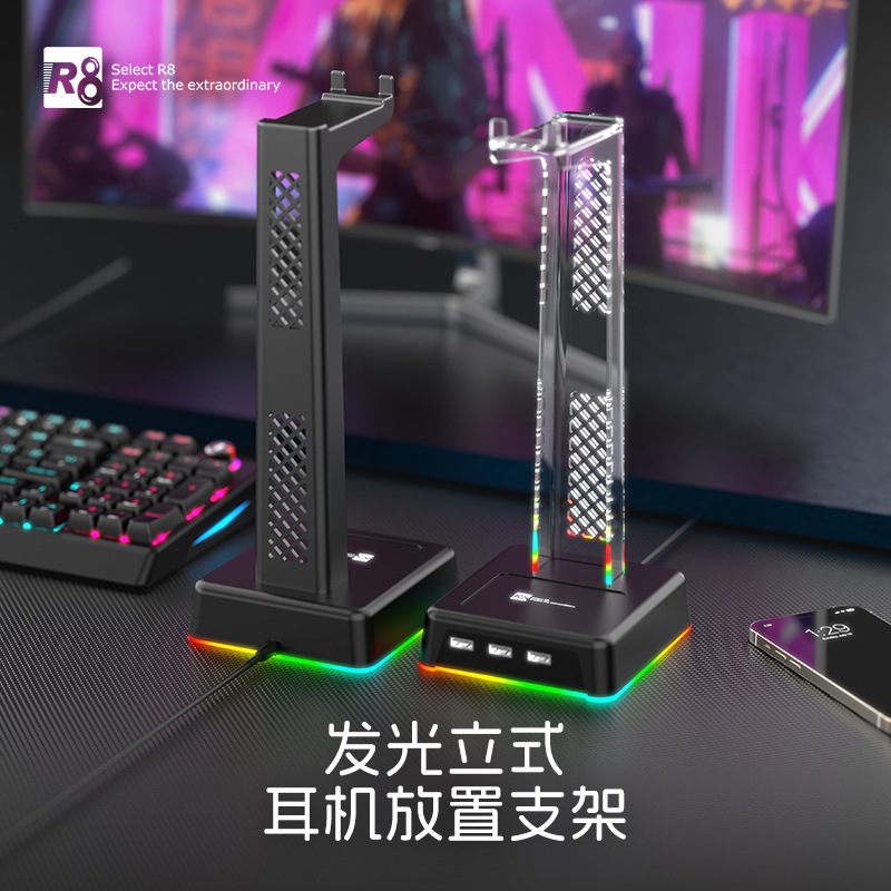 Base Vertical con Iluminación LED para Auriculares Gaming R8 HT03, con Tres Puertos de Expansión USB, Fabricante, en Stock.