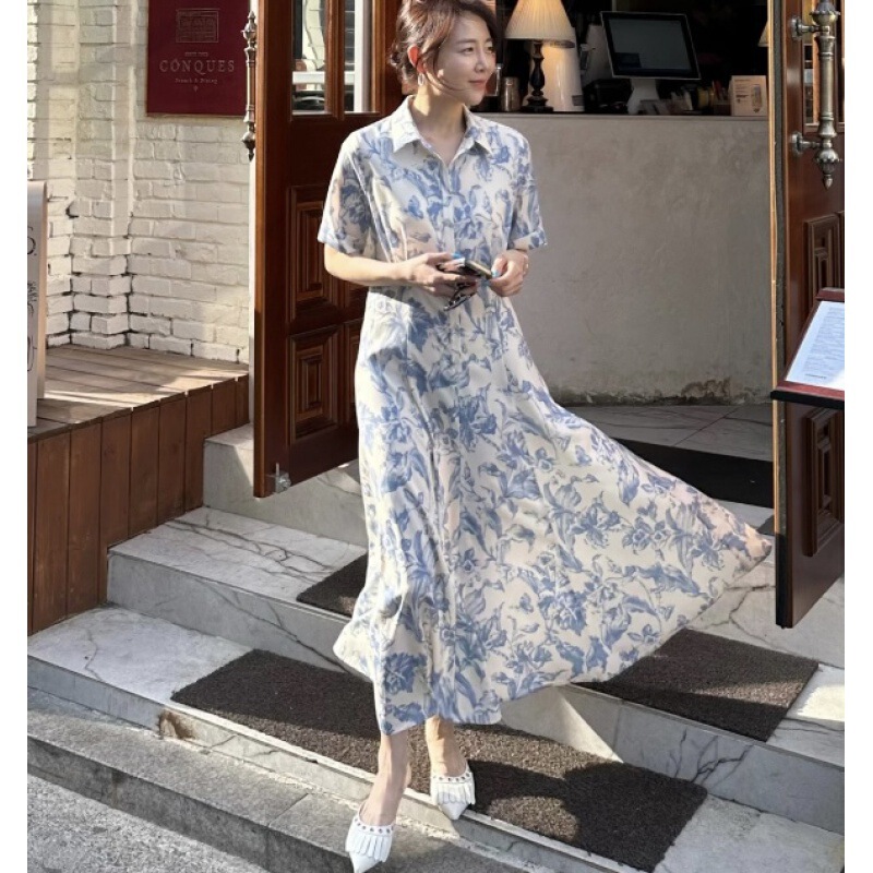 South Korea chic summer vintage elegant lapel high waist slimming ink print long short sleeve elegant dress women