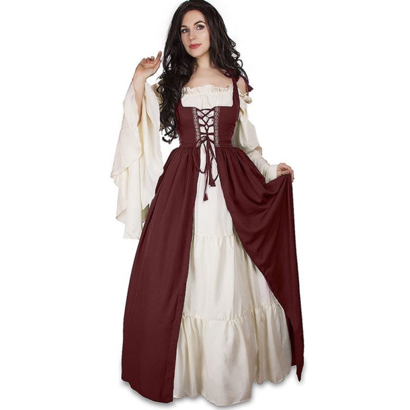 Halloween New Court Clothing European Square Collar Waist Cincher Medieval Renaissance Retro Dress