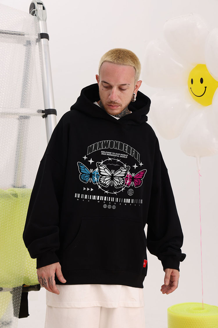 Vêtements pour hommes pull à capuche couleur lourde sweat-shirt papillon 400G velours léger plus velours style couple ample_voghion.com
