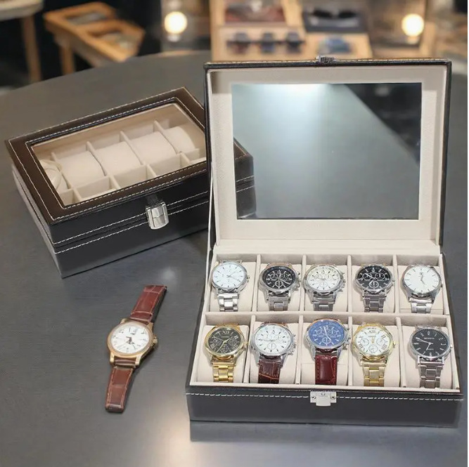 Pu High-End Watch Box Multi-Compartment Leather Dustproof Transparent Window Retro Business Premium Storage Box Wholesale Jewelry Box