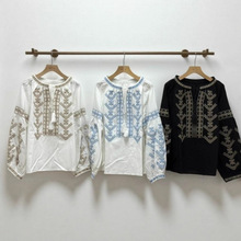 长袖衬衫女秋装2025新款文艺复古时尚重工刺绣系带灯笼袖宽松上衣