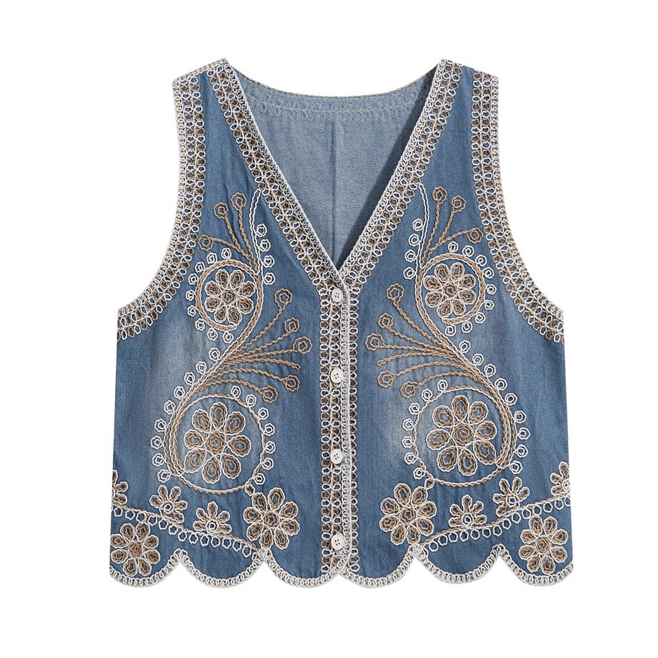 Chinese Style Embroidered Denim Vest Design, Summer Slim Fit, Versatile Layering, Sleeveless Waistcoat Vest for Women