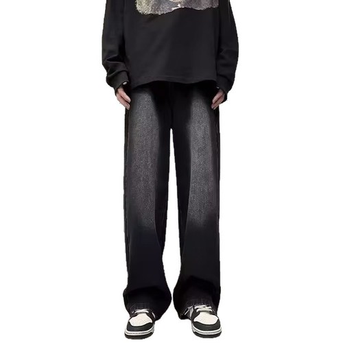 Men's Spring and Autumn Washed Straight Leg Jeans, American Loose Wide Leg Casual Retro Streetwear Brand with Drape Floor-Length Pants