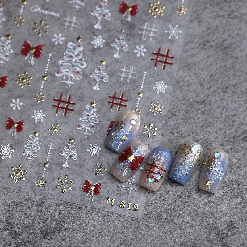 Tieshe Light Luxury Style Christmas Bow Nail Art Stickers M-819 Ice Transparent Diamond Snowflake Plaid Adhesive Nail Stickers
