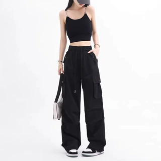 美式高街速干工装裤女秋季2024新款高腰显瘦小个子阔腿运动休闲裤