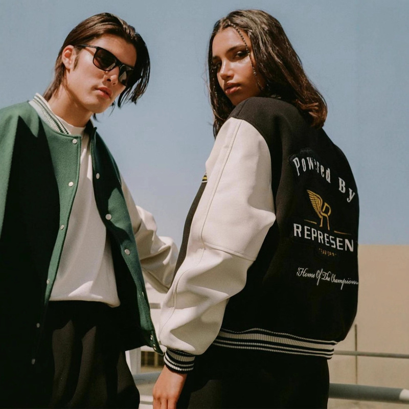 Represent Angel Wings Embroidered Leather Sleeve Baseball Jacket for Men and Women Couple Jacket Winter High Street Style